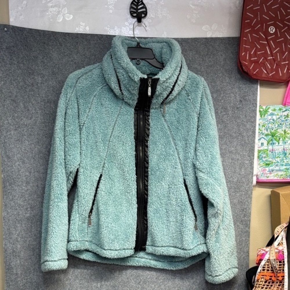 I5 fleece faux leather hooded zip up  Cozy teddy bear  Jacket - Teal and blk NWT